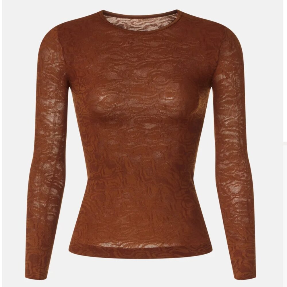 Rodebjer Henna Long Sleeve Top in Brown Abstract Print Long Sleeve Crewneck Tee